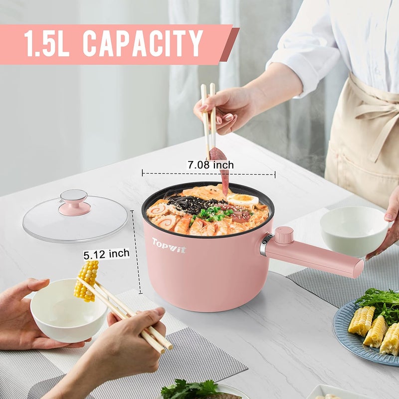 TopWit Hot Pot Electric, 1.5L Ramen Cooker, Portable Non-Stick Frying Pan, Electric Pot for Pasta, Steak, BPA Free, Electric Cooker with Dual Power Control, Over-Heating & Boil Dry Protection, Pink - Image 3